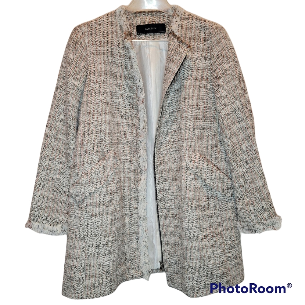 Zara Basic Tweed Fray Edge Jacket Sz Large